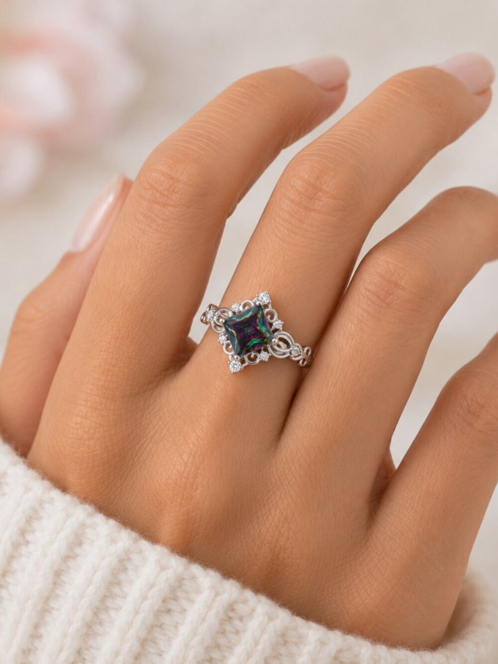 NEW 925 Sterling Silver Mystic Topaz Diamond Ring Princess Cut Ring